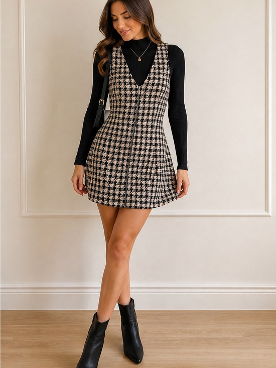 Primark Dresses & Skirts - Primark Tweed Pinafore Mini Dress Black Beige Women’s Size 8